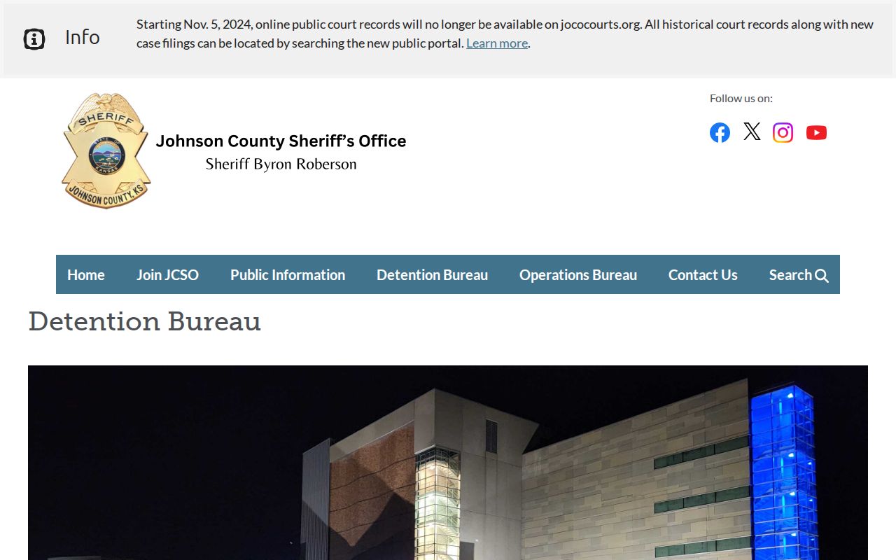 Johnson County Sheriff Detention Bureau page describing Central Booking and New Century
