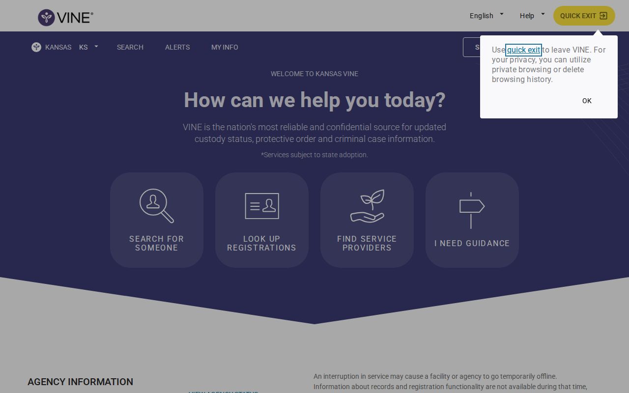 Johnson County VINELink inmate search screen for county-jail release notifications