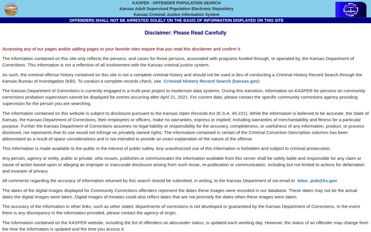Kansas KASPER disclaimer and offender search entry for state corrections records